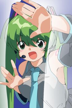 1girl against_fourth_wall detached_sleeves green_eyes green_hair grey_shirt hands_up hatsune_miku headset kannpoyu long_hair looking_at_viewer open_mouth shirt sleeveless sleeveless_shirt twintails upper_body vocaloid