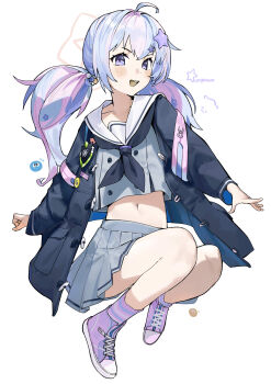 1girl absurdres beads black_jacket black_neckerchief blue_archive blue_hair commentary gohanduck grey_shirt grey_skirt hair_beads hair_ornament halo highres jacket looking_at_viewer multicolored_hair navel neckerchief open_clothes open_jacket open_mouth pink_hair pink_halo pink_shoes pink_socks pleated_skirt purple_eyes reisa_(blue_archive) sailor_collar school_uniform serafuku shirt shoes skirt sneakers socks solo stomach striped_clothes striped_socks twintails two-tone_hair white_sailor_collar