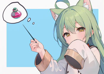 1girl absurdres akashi_(azur_lane) animal_ears azur_lane blush buttons cat_ears cat_girl commentary_request covering_own_mouth double-breasted dress green_hair hair_between_eyes hands_up highres holding holding_wand long_hair looking_at_viewer phoenix_(lanzilong646) potion slit_pupils smile smug solo speech_bubble upper_body very_long_hair very_long_sleeves wand white_dress yellow_eyes