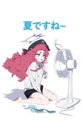 Rule 34 | 1girl, bad tag, bare legs, barefoot, blue archive, blue eyes, fan, food, halo, hat, heat, hot, iroha (blue archive), japanese text, long hair, miniskirt, peaked cap, popsicle, red hair, shirt, skirt, smile, solo, summer, sweat, very long hair, wavy hair, white background, yugeonu19