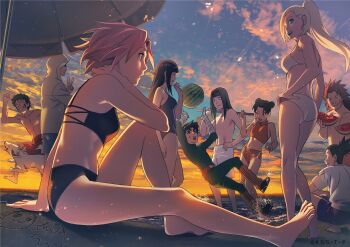Rule 34 | 4girls, 6+boys, aburame shino, akamaru (naruto), akimichi chouji, arm support, ass, bare legs, barefoot, beach, bikini, black bikini, blue one-piece swimsuit, breasts, cloud, dog, feet, food, from behind, fruit, gluteal fold, hand on own hip, haruno sakura, highres, holding, holding food, holding fruit, hood, hoodie, hyuuga hinata, hyuuga neji, inuzuka kiba, knee up, long hair, looking at another, looking back, male swimwear, medium breasts, midriff, multiple boys, multiple girls, nara shikamaru, naruto (series), naruto shippuuden, navel, official art, one-piece swimsuit, one eye closed, orange bikini, outdoors, over shoulder, ponytail, red male swimwear, rock lee, running, sand, short hair, sideboob, sitting, sky, small breasts, smile, standing, sumirecchi, sunglasses, sunset, swim trunks, swimsuit, tenten (naruto), thighs, toes, topless male, uchiha sasuke, uzumaki naruto, v, water, watermelon, white bikini, white hoodie, white male swimwear, yamanaka ino