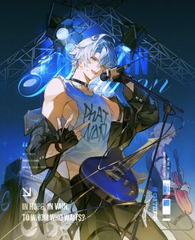 2boys bare_shoulders black_gloves black_jacket black_pants blue_eyes blue_hair commentary cowboy_shot electric_guitar fingerless_gloves gloves guitar highres holding holding_guitar holding_instrument holding_microphone honkai:_star_rail honkai_(series) instrument jacket long_sleeves looking_at_viewer male_focus microphone microphone_stand multiple_boys mydei_(honkai:_star_rail) nong_345 open_clothes open_jacket open_mouth pants phainon_(honkai:_star_rail) short_hair smile solo_focus speaker stage stage_lights symbol-only_commentary tank_top watermark white_tank_top