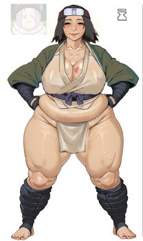 1girl 69_(artist) aged_down black_eyes black_gloves black_hair blush breasts chiyo_(naruto) cleavage cropped_kimono fat fat_woman fingerless_gloves forehead_protector fundoshi gloves green_happi hands_on_own_hips happi headband highres japanese_clothes kimono large_breasts legs_apart lips mature_female muffin_top nail_polish naruto_(classic) naruto_(series) old old_woman pelvic_curtain plump red_nails reference_inset sash shin_guards short_hair skindentation smile solo standing stirrup_legwear sweat thick_thighs thighs toeless_legwear toenail_polish toenails white_background