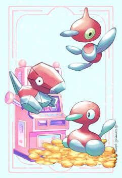 blue_background caramel_pkmn coin commentary evolutionary_line gen_1_pokemon gen_2_pokemon gen_4_pokemon gold_coin hashtag-only_commentary highres nintendo no_humans pokemon pokemon_(creature) porygon porygon-z porygon2 slot_machine