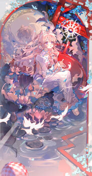 Rule 34 | 1girl, absurdres, ahoge, bird, blue flower, blush, cone hair bun, different reflection, dress, earrings, eyelashes, flower, full body, gem, hair between eyes, hair bun, hair ornament, highres, jewelry, liu letian, long hair, long sleeves, looking afar, lotus, open mouth, original, pearl (gemstone), pearl hair ornament, pink hair, purple eyes, reflection, ripples, sidelocks, teeth, upper teeth only, water, white dress