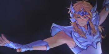 1boy arm_shield arm_up armor blonde_hair blue_eyes cygnus_hyouga fighting_stance hand_up helmet highres long_hair male_focus outstretched_arm saint_seiya serious silver_armor upper_body user_khax4547 winged_helmet