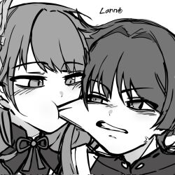 1boy 1girl anger_vein annoyed biting biting_cheek blunt_bangs blunt_ends bodysuit cheek_bulge cheek_pull choppy_bangs clenched_teeth covered_collarbone genshin_impact greyscale hair_intakes heads_together highres lann_melon light_blush looking_at_another mandarin_collar monochrome mother_and_son raiden_shogun ribbon scaramouche_(genshin_impact) shoulder_peek shrug_(clothing) single_sidelock swept_bangs teeth tsurime wanderer_(genshin_impact)