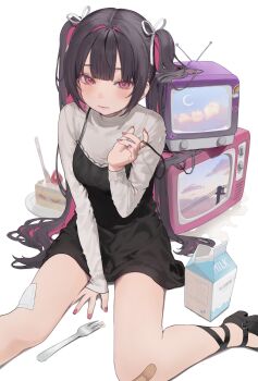 1girl absurdres bandaid bandaid_on_leg black_dress black_footwear blush cake cake_slice closed_mouth colored_inner_hair commentary_request crt dress dress_over_shirt drink_carton food fork grey_shirt hair_ribbon hair_spread_out hamunezuko_(nezukonezu32) hand_up highres jun_(hamunezuko_(nezukonezu32)) knife long_hair long_sleeves looking_at_viewer milk_carton multicolored_hair nail_polish original pinafore_dress pink_eyes pink_hair pink_nails ribbon shirt sleeveless sleeveless_dress solo strap_slip twintails very_long_hair white_background white_ribbon