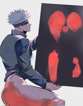Rule 34 | 1cuntboy, ass, blindfold, bodypaint, bottomless, cuntboy, gojou satoru, holding, jujutsu kaisen, lkawang1212, male focus, pussy, shirt, short hair, white hair