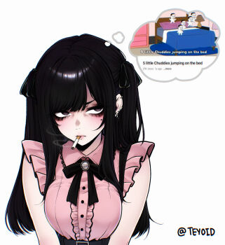 1girl artist_name black_hair breasts chudjak cigarette ear_piercing highres jirai_kei long_hair mole mole_under_eye neck_ribbon original piercing pink_shirt ribbon shirt sleeveless sleeveless_shirt smoking solo speech_bubble teyoid thought_bubble twitter_username two_side_up white_background