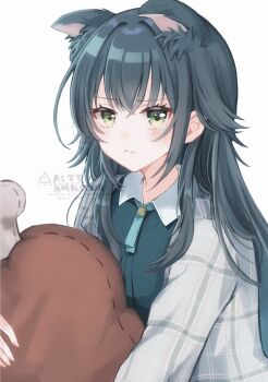 1girl animal_ears cat_ears closed_mouth coat collared_shirt commentary food-themed_pillow gakuen_idolmaster green_eyes green_hair green_shirt grey_coat highres holding holding_pillow idolmaster long_hair long_sleeves looking_at_viewer pillow plaid_clothes plaid_coat shirako_(srk_srtk) shirt simple_background single_tear solo tsukimura_temari upper_body watermark white_background