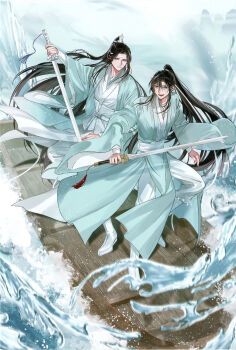 2boys absurdres ahoge alternate_costume aqua_coat aqua_hanfu bishounen black_hair blurry boat boots brown_eyes chinese_clothes closed_mouth coat depth_of_field fighting_stance floating_hair full_body grey_eyes hair_ribbon hanfu headband high_ponytail highres holding holding_sword holding_weapon jian_(weapon) lan_wangji light_particles long_hair long_sleeves looking_at_another male_focus mg_ms_dayo modao_zushi mountain multiple_boys official_art on_boat open_mouth outdoors pants ponytail ribbon robe sidelocks smile splashing standing sword sword_tassel tassel third-party_source very_long_hair water watercraft waves weapon wei_wuxian white_boots white_hanfu white_headband white_pants white_ribbon wide_sleeves xiao_guan_(headdress)