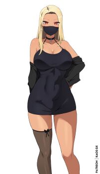 arm_warmers black_arm_warmers black_choker black_dress blonde_hair bodycon breasts choker cleavage commentary curvy dark-skinned_female dark_skin dress ear_piercing earrings eyeshadow highres hoop_earrings jewelry kaos_art large_breasts long_hair looking_at_viewer makeup mask mouth_mask original piercing red_eyes red_eyeshadow single_thighhigh sleeveless sleeveless_dress symbol-only_commentary thick_thighs thighhighs thighs