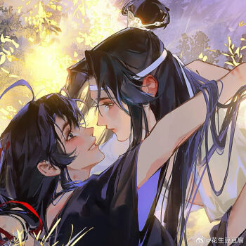 2boys ahoge bare_shoulders bishounen black_eyes black_hair black_hanfu blush chinese_clothes closed_mouth eye_contact eyelashes from_side grass hair_down hair_ribbon half_updo hanfu headband highres huashengdoufu hug implied_sex lan_wangji leaf long_hair looking_at_another lying male_focus missionary modao_zushi multiple_boys off_shoulder official_alternate_hairstyle on_back on_grass outdoors parted_lips profile red_ribbon ribbon robe sidelocks smile topknot upper_body watermark wei_wuxian wei_wuxian_(yiling_laozu) weibo_watermark white_hanfu white_headband wide_sleeves xiao_guan_(headdress) yaoi yellow_eyes