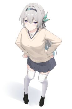1girl absurdres aqua_hair black_hairband black_shoes blue_pupils breasts closed_mouth commentary firefly_(honkai:_star_rail) firefly_(spring_missive)_(honkai:_star_rail) full_body gradient_hair grey_hair grey_skirt hair_between_eyes hair_intakes hair_ornament hairband hands_on_own_hips highres honkai:_star_rail honkai_(series) leaning_forward loafers long_hair long_sleeves looking_at_viewer medium_breasts multicolored_hair nicel pleated_skirt pout purple_eyes shoes simple_background skirt solo sweater thighhighs white_background white_thighhighs yellow_sweater