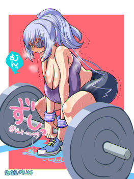 1girl alternate_breast_size_(larger) alternate_hairstyle barasuishou black_shorts blue_shoes blush breasts cleavage commentary_request exercising flower_eyepatch full_body grey_hair highres huge_breasts itini-sanshi large_breasts long_hair purple_sports_bra red_background rozen_maiden shoes shorts simple_background solo sports_bra squatting sweat trembling two-tone_background weightlifting weights white_background yellow_eyes