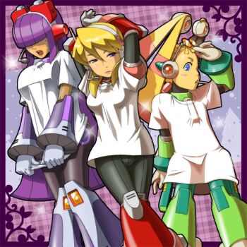 3girls alia_(mega_man) android arm_over_head arms_behind_head blonde_hair blue_eyes blush candy clothes_grab clothes_pull commentary_request dark-skinned_female dark_skin eyewear_on_head food fringe_trim gloves hair_over_eyes headgear headphones hime_cut layer_(mega_man) lips lollipop looking_to_the_side mega_man_(series) mega_man_x8 mega_man_x_(series) multiple_girls napo open_mouth pallette_(mega_man) purple_hair shirt shirt_grab shirt_pull sidelocks t-shirt white_gloves white_shirt