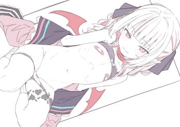 1girl bandaid bandaids_on_nipples blush clothes_down flat_chest heart heart_tattoo leg_tattoo light_smile loli long_hair looking_at_viewer makaino_ririmu makaino_ririmu_(4th_costume) multicolored_hair navel nijisanji osanai_sanday panties panty_pull pasties pointy_ears red_eyes ribs sitting socks solo tattoo two-tone_hair underwear virtual_youtuber