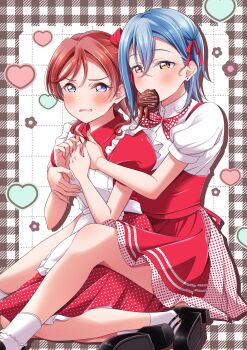 Rule 34 | 2girls, absurdres, apron, black shoes, blue eyes, blue hair, blush, border, bow, bowtie, brown border, candy, chocolate, chocolate heart, commentary, embarrassed, english commentary, food, food in mouth, frilled apron, frills, gingham border, grid background, heart, heart-shaped food, highres, love live!, love live! superstar!!, maid apron, mouth hold, multiple girls, nico ron nico, open mouth, orange eyes, parted lips, polka dot, polka dot skirt, puffy short sleeves, puffy sleeves, red apron, red bow, red bowtie, red hair, red shirt, red skirt, shirt, shoes, short sleeves, sitting, sitting between legs, skirt, socks, v-shaped eyebrows, valentine, waist apron, wakana shiki, white apron, white background, white shirt, white socks, yokozuwari, yoneme mei, yuri