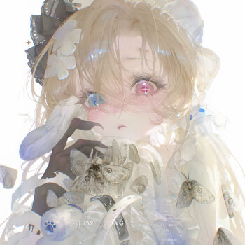 1girl blonde_hair blue_eyes blush bug butterfly claws closed_mouth eyelashes face_piercing flower hair_ornament heterochromia highres holding holding_stuffed_toy insect lips long_hair long_sleeves original piercing pink_eyes pink_lips simple_background solo square stuffed_animal stuffed_rabbit stuffed_toy watermark white_background white_flower yikou_yizhi