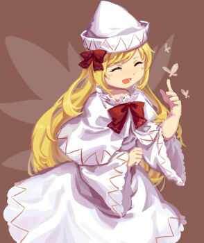1girl :d blush bow bowtie brown_background bug butterfly capelet closed_eyes dress fairy fairy_wings furahata_gen hair_bow happy hat highres insect lily_white long_dress long_hair long_sleeves open_mouth red_bow red_bowtie simple_background smile solo swept_bangs touhou white_capelet white_dress white_hat wide_sleeves wings