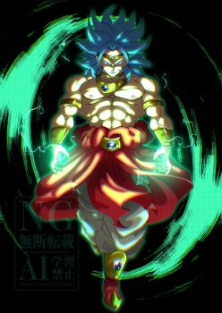 1boy aura black_background broly_(dragon_ball_z) commentary_request dragon_ball dragonball_z electricity full_body glowing green_eyes green_hair highres long_hair muscular muscular_male pants solo spiked_hair stktik09060906 topless_male white_pants