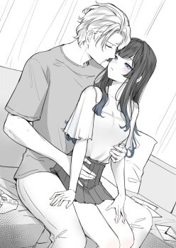 1boy 1girl blue_eyes blush breasts carrot_(robosquat) controller couch couple game_controller gradient_hair half-closed_eyes hetero highres indoors long_hair looking_at_another miniskirt monochrome multicolored_hair original shirt sitting sitting_on_lap sitting_on_person skirt small_breasts spot_color t-shirt