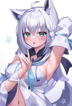 1girl ahoge animal_ear_fluff animal_ears arm_behind_head arm_up armpits blouse blush braid breasts commentary deaver detached_sleeves ear_piercing fox_ears fox_girl fox_shadow_puppet fox_tail green_eyes hair_between_eyes hand_up highres hololive large_breasts long_hair long_sleeves looking_at_viewer midriff navel piercing shirakami_fubuki shirakami_fubuki_(1st_costume) shirt side_braid solo sweatdrop tail virtual_youtuber white_background white_shirt