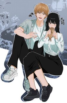 1boy 1girl absurdres black_eyes black_pants black_skirt blonde_hair blush chainsaw_man commentary_request denji_(chainsaw_man) eating food grey_jacket height_difference highres holding holding_food jacket korean_commentary long_hair long_sleeves looking_at_another lower_teeth_only mitaka_asa open_clothes open_jacket open_mouth pants pencil_skirt red_eyes sharp_teeth shirt shoes short_hair short_sleeves sieater07 sitting skirt sneakers tearing_up teeth white_shirt