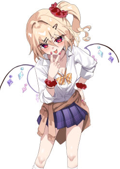 Rule 34 | 1girl, absurdres, alternate costume, amano hagoromo, blonde hair, blue skirt, blush, border, bow, bowtie, breasts, brown sweater, clothes around waist, collarbone, collared shirt, commentary request, cowboy shot, fang, flandre scarlet, gradient nails, gyaru, hair between eyes, hair intakes, hair ornament, hair scrunchie, hairclip, hand on own hip, highres, kogal, looking at viewer, medium hair, nail polish, one side up, partially unbuttoned, pink nails, pleated skirt, purple nails, purple skirt, red eyes, red nails, scrunchie, shirt, side ponytail, simple background, skirt, sleeves rolled up, smile, socks, solo, sweater, sweater around waist, tongue, tongue out, touhou, v, white background, white border, white shirt, white socks, wings, yellow bow, yellow bowtie