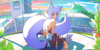 Rule 34 | 2girls, animal ear fluff, animal ear piercing, animal ears, back, back bow, backless dress, backless outfit, barefoot, bow, bright pupils, building, cityscape, closed eyes, closed mouth, commentary request, dress, earrings, fox ears, fox girl, fox tail, from behind, gold (mantafriend), hand on own arm, highres, jewelry, leg ribbon, looking at viewer, looking back, medium hair, mini person, minigirl, minisil (mantafriend), multiple earrings, multiple girls, on rooftop, open mouth, original, outdoors, pink eyes, plant, platinum (mantafriend), potted plant, purple hair, rectangular pupils, ribbon, rooftop, sidelocks, sitting, sky, smile, tail, white pupils