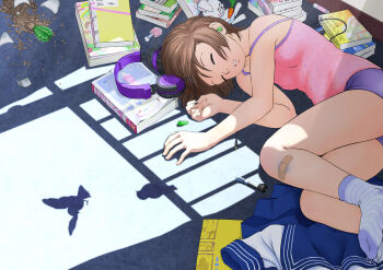 1girl balcony bandaid bandaid_on_leg bird book breasts brown_hair bruise cactus camisole closed_eyes covered_erect_nipples from_above headphones injury lying on_floor on_side original outdoors pink_camisole pochimaru_(pixiv29617) purple_shorts sailor_collar school_uniform serafuku shadow shards short_hair shorts silhouette skirt sleeping small_breasts socks solo striped_clothes striped_socks stuffed_animal stuffed_rabbit stuffed_toy succulent_plant tomboy unworn_clothes unworn_skirt