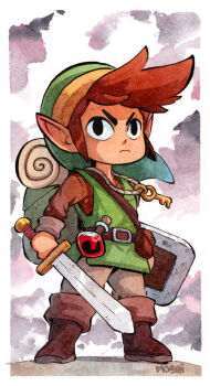 1boy artist_name backpack bag belt boots brown_boots brown_hair commentary flask full_body green_hat green_tunic hat highres holding holding_shield holding_sword holding_weapon key link looking_at_viewer male_focus mosqi nintendo painting_(medium) pointy_ears shield solo sword the_legend_of_zelda traditional_media tunic v-shaped_eyebrows watercolor_(medium) weapon