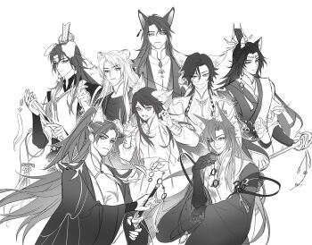 Rule 34 | 6+boys, animal ear fluff, animal ears, cat boy, cat ears, changpao, chinese clothes, chinese commentary, claw pose, closed mouth, coat, curtained hair, daxiushan, dog boy, dog ears, earrings, elbow gloves, expressionless, facial mark, fighting stance, floating earrings, floppy ears, folded fan, folding fan, forehead mark, fox boy, fox ears, gloves, greyscale, hair between eyes, half updo, hand fan, hand on own chin, hand up, hanfu, head chain, high ponytail, holding, holding fan, holding sword, holding wand, holding weapon, hua chen, hua yi shanxin zhiyue, jewelry, ji yuanqi, jiaoling ruqun, kemonomimi mode, leopard boy, leopard ears, light smile, ling yan ru, long hair, long sleeves, looking at viewer, male focus, mandarin collar, mole, mole under eye, monochrome, monocle, multiple boys, neck tassel, official alternate costume, open clothes, open coat, open mouth, parted bangs, parted lips, ponytail, ready to draw, sash, serious, shirt, shoulder guard, side part, simple background, smile, smirk, swept bangs, sword, tassel, tassel earrings, the prince (hua yi shanxin zhiyue), uka (azraeluka), upper body, waist sash, wand, weapon, wen siyu, white background, wide sleeves, xiao guan (headdress), xuan wangjun, xuan xingqi, yu ze, yuanlingpao