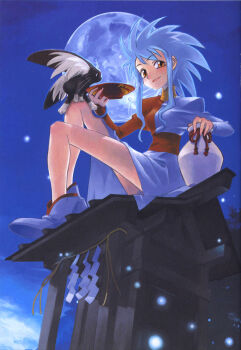 1girl asymmetrical_clothes blue_hair blue_moon blue_robe bottle cabbit cup day female_focus from_below highres kajishima_masaki legs looking_at_viewer moon night non-web_source on_roof robe ryou-ouki ryouko_(tenchi_muyou!) sakazuki sake_bottle scan scan_artifacts sky smile solo spiked_hair tenchi_muyou! yellow_eyes
