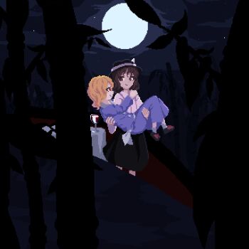 Rule 34 | 2girls, absurdres, alcohol, back bow, bamboo, bamboo forest, black hair, black hat, black shoes, black skirt, blonde hair, bow, brown eyes, buttons, carrying, changeability of strange dream, collared dress, collared shirt, commentary, contrast collar, cup, cyanaqua, dress, drinking glass, english commentary, fedora, footwear bow, forest, full body, hand on another's shoulder, hat, hat bow, highres, looking at another, maribel hearn, moon, multiple girls, nature, night, pixel art, princess carry, purple dress, red eyes, red wine, shirt, shoes, skirt, smile, socks, standing, star (sky), table, tablecloth, touhou, usami renko, white shirt, white socks, wine, wine glass