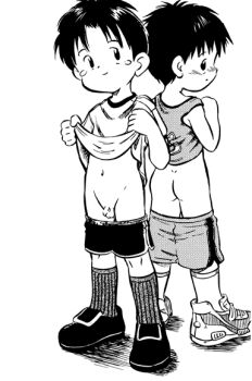2boys ass clothes_lift flashing kamisae male_focus monochrome multiple_boys original penis shirt_lift shorts shota tank_top white_background