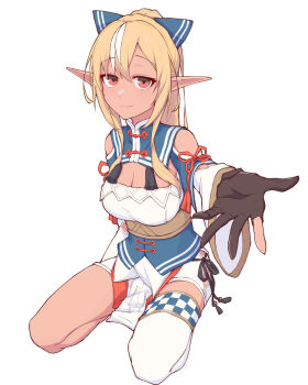 1girl beckoning black_gloves blonde_hair bow breasts cleavage closed_mouth commentary_request cross-laced_slit dark-skinned_female dark_skin detached_collar detached_sleeves eihire elf gloves hair_between_eyes hair_bow highres hololive large_breasts long_hair long_sidelocks looking_at_viewer mandarin_collar multicolored_hair offering_hand orange_eyes partially_fingerless_gloves pelvic_curtain pointy_ears ponytail reaching reaching_towards_viewer seiza shiranui_flare shiranui_flare_(old_design) shorts side_slit side_slit_shorts sidelocks simple_background single_thighhigh sitting smile solo strapless streaked_hair thighhighs underbust virtual_youtuber white_background white_shorts white_streaks