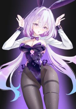 1girl :o absurdres animal_ear_hairband animal_ears bow bowtie breasts castorice_(honkai:_star_rail) cleavage fake_animal_ears gluteal_fold hands_up heart heart-shaped_pupils highleg highleg_leotard highres honkai:_star_rail honkai_(series) large_breasts leotard lina_114 long_hair looking_at_viewer low_twintails nail_polish open_mouth pantyhose playboy_bunny purple_eyes rabbit_ear_hairband rabbit_ears shrug_(clothing) solo standing strapless strapless_leotard symbol-shaped_pupils twintails white_hair