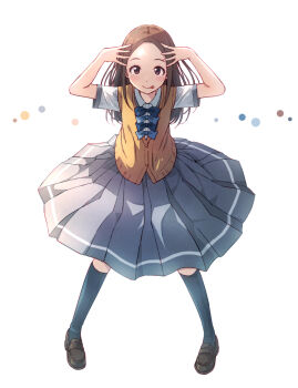 1girl :p asagumo_chihaya black_shoes black_socks blue_bow blue_bowtie blush bow bowtie brown_hair forehead full_body grey_skirt hoshino_ai&#039;s_pose loafers make_heroine_ga_oo_sugiru! oshi_no_ko parted_bangs pleated_skirt school_uniform shiny_forehead shoes short_sleeves simple_background skirt socks solo tongue tongue_out vest white_background yakka yellow_vest