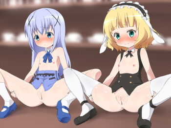2girls animal_ears black_hairband blonde_hair blue_eyes blue_hair blush bottomless cleft_of_venus detached_collar fake_animal_ears flat_chest fleur_de_lapin_uniform frilled_hairband frills gochuumon_wa_usagi_desu_ka? hair_ornament hairband hairclip happy_turn_(artist) happy_turn_w kafuu_chino kirima_syaro kneehighs loli lolita_hairband long_hair mary_janes multiple_girls nipples no_panties pussy rabbit_ears shoes short_hair sitting socks spread_legs take_your_pick thighhighs uguisu_(happy_turn) uncensored x_hair_ornament