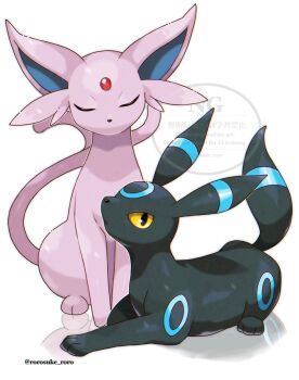 alternate_color black_eyes closed_eyes closed_mouth colored_sclera commentary_request espeon forehead_jewel gen_2_pokemon highres lying nintendo no_humans pokemon pokemon_(creature) reflection rorosuke shiny_pokemon simple_background sitting twitter_username umbreon white_background yellow_sclera