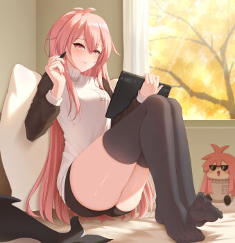 1girl absurdres black_thighhighs blush feet highres hui_yu long_hair looking_at_viewer mumble_(shachimu) original pink_eyes pink_hair see-through_clothes see-through_legwear smile soles stylus tablet_pc thighhighs toes