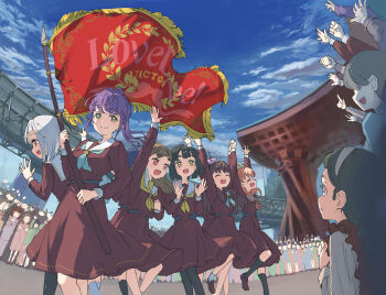 Rule 34 | 6+girls, :d, ^ ^, aqua neckerchief, arm up, arms up, black gloves, black hair, black pantyhose, black socks, blonde hair, blue hair, blue sky, blunt bangs, blunt ends, bob cut, brown dress, brown hair, brown shirt, brown shoes, center-flap bangs, clenched hand, closed eyes, closed mouth, commentary request, confetti, day, dress, feet out of frame, flag, flower knot, foot out of frame, frilled shirt, frills, fujishima megumi, gloves, green eyes, grey eyes, hair bun, hair ornament, half gloves, hasu no sora school uniform, highres, hinoshita kaho, holding, holding flag, holding hands, index finger raised, interlocked fingers, inverted bob, ishikawa prefecture, kachimachi kosuzu, kanazawa (city), kanazawa station, lao ren xing, link! like! love live!, loafers, long hair, long sleeves, looking at another, love live!, love live! victory flag, medium dress, medium hair, momose ginko, multicolored hair, multiple girls, neckerchief, open hand, open mouth, orange hair, osawa rurino, otomune kozue, outdoors, pantyhose, people, pink eyes, pink hair, pleated dress, profile, purple hair, red hair, red neckerchief, sailor collar, sailor dress, school uniform, shirt, shoes, short hair, side ponytail, sidelocks, single side bun, sky, smile, socks, split mouth, star (symbol), star hair ornament, streaked hair, teeth, unfinished, upper teeth only, virtual youtuber, w, wavy hair, white hair, white sailor collar, white socks, winter uniform, yellow neckerchief, yugiri tsuzuri