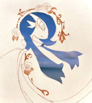 Rule 34 | 1girl, :|, alternate color, arched back, arms up, blue hair, blue skin, blue sky, blush, bob cut, closed mouth, cloud, colored skin, female focus, flower, gardevoir, gen 3 pokemon, hair over one eye, kirigami (medium), leaning forward, light blush, looking afar, nintendo, one eye covered, outstretched arms, papercraft (medium), partially colored, pokemon, pokemon (creature), powerpuff (pixiv 60944739), rose, shiny pokemon, short hair, sky, solo, standing, traditional media, white background