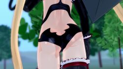 1girl 3d animated ass ass_focus black_gloves blazblue blonde_hair butt_crack female_focus from_behind gloves gs-mantis highres legs loli long_hair micro_shorts outdoors rachel_alucard shorts solo sound thighhighs thighs tree video walking