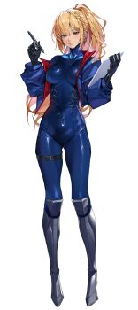 absurdres blonde_hair blue_eyes bodysuit boots braid breasts dungeon_and_fighter earpiece female_gunner_(dungeon_and_fighter) gloves highres jacket long_hair open_clothes open_jacket paramedic_(dungeon_and_fighter) stylus tablet_pc thighhighs