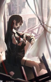 1girl absurdres arm_cutout black_hair black_serafuku black_shirt black_skirt blurry blurry_foreground chisa_(wuthering_waves) clothing_cutout commentary cryne hair_ribbon high_up highres long_hair long_sleeves making-of_available red_eyes red_ribbon ribbon school_uniform serafuku shirt sitting skirt solo tacet_mark_(wuthering_waves) thigh_strap twitter_username wuthering_waves