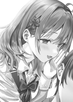 1boy 1girl ahoge blush bow bowtie collared_shirt commentary_request flower greyscale hair_behind_ear hair_flower hair_ornament hand_up highres kuze_masachika lapels long_sleeves mariya_mikhailovna_kujou medium_hair momoko_(momopoco) monochrome notched_lapels novel_illustration official_art open_mouth raised_eyebrows school_uniform second-party_source seiren_academy_school_uniform shirt short_hair smile solo_focus tokidoki_bosotto_roshia-go_de_dereru_tonari_no_alya-san whispering_in_ear wing_collar