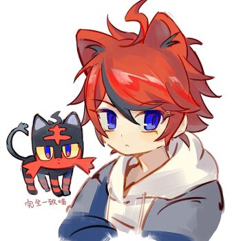 Rule 34 | 1boy, :<, ahoge, animal ear fluff, animal ears, black hair, blue eyes, blue jacket, cat, cat ears, closed mouth, drawstring, gen 7 pokemon, grey jacket, hair between eyes, hood, hood down, hoodie, jacket, jacket over hoodie, kemonomimi mode, litten, male focus, multicolored hair, multicolored jacket, nintendo, open clothes, open jacket, pokemon, pokemon (creature), red hair, saridinism, short hair, simple background, streaked hair, sumino takumi, the hundred line -last defense academy-, translation request, tsurime, two-tone hair, two-tone jacket, white background, white hoodie